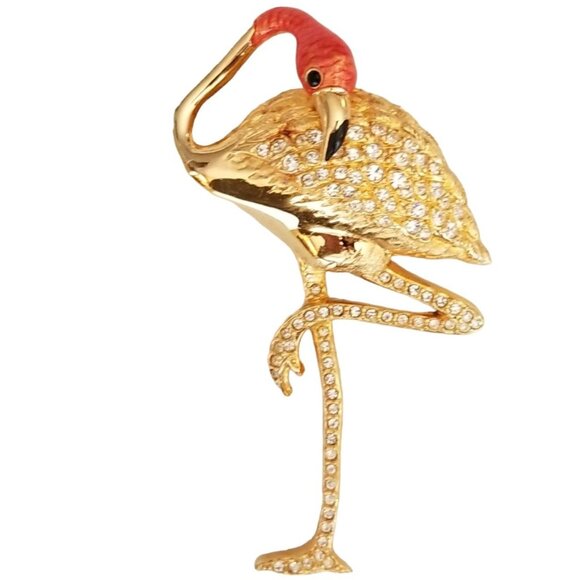 Swarovski Coral Color Enamel Clear Rhinestone Flamingo Brooch Pin M359 - Picture 10 of 10